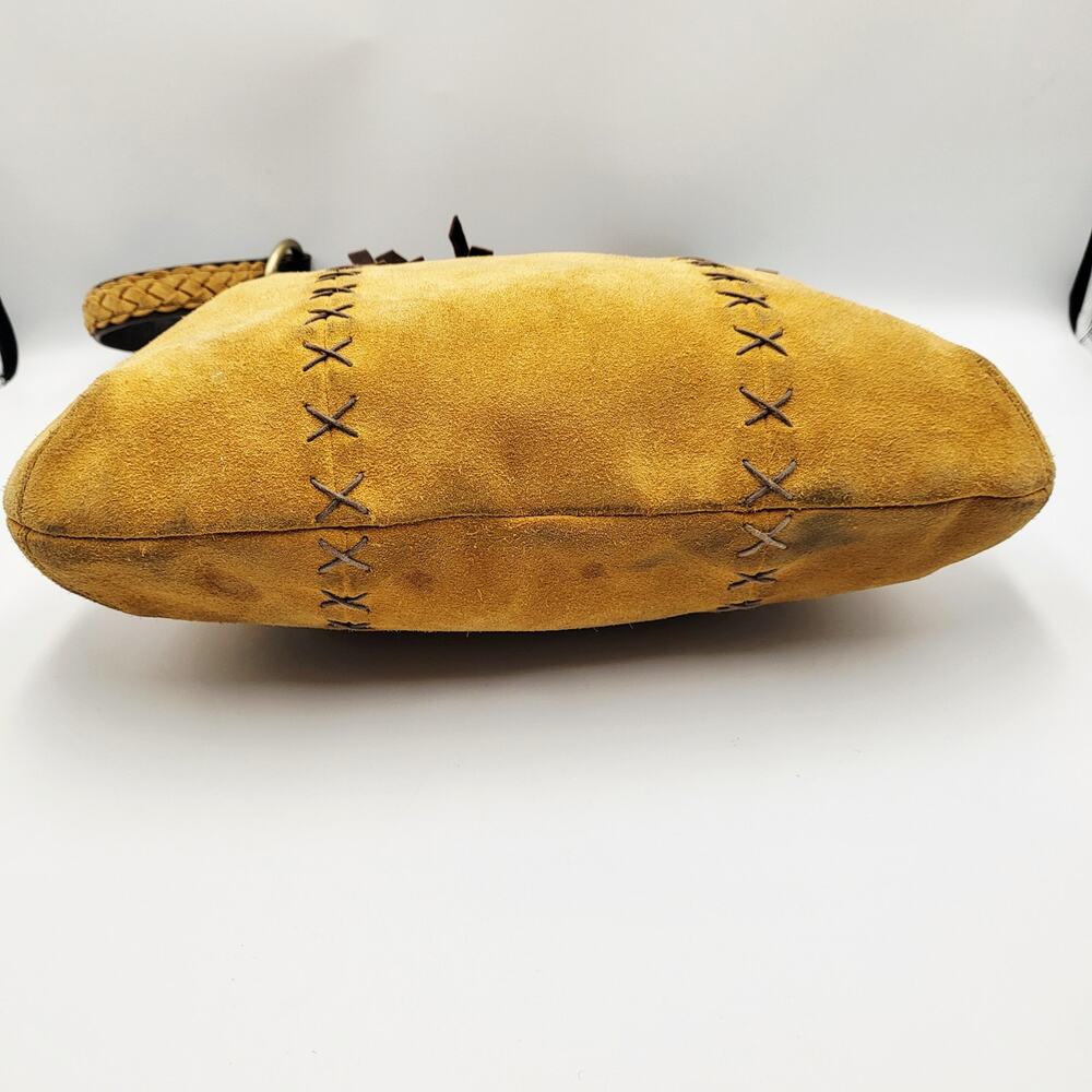 Vintage Inge Sport Boho Yellow Tan Suede Stitched Fringe Accent Shoulder Bag - Picture 3 of 12